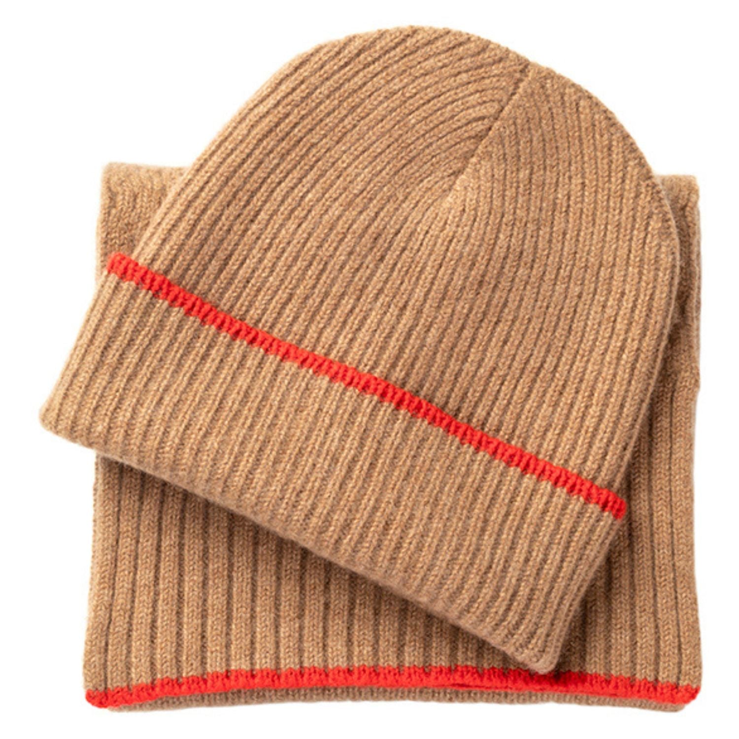 Knitted Vicuna Mid-Weight Ribbed Cashmere Beanie Hat & Scarf Set