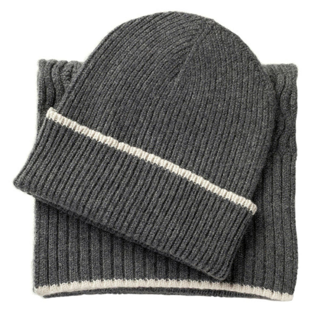 Knitted Grey Mid-Weight Ribbed Cashmere Beanie Hat & Scarf Set