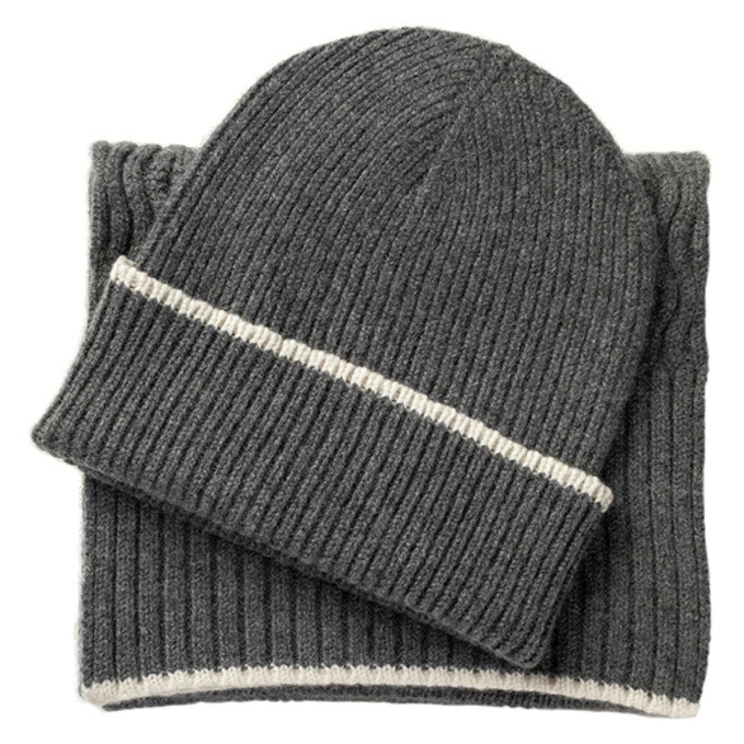 Knitted Grey Mid-Weight Ribbed Cashmere Beanie Hat & Scarf Set
