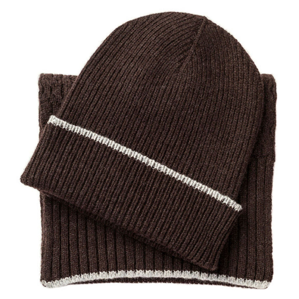 Knitted Cocoa Mid-Weight Ribbed Cashmere Beanie Hat & Scarf Set