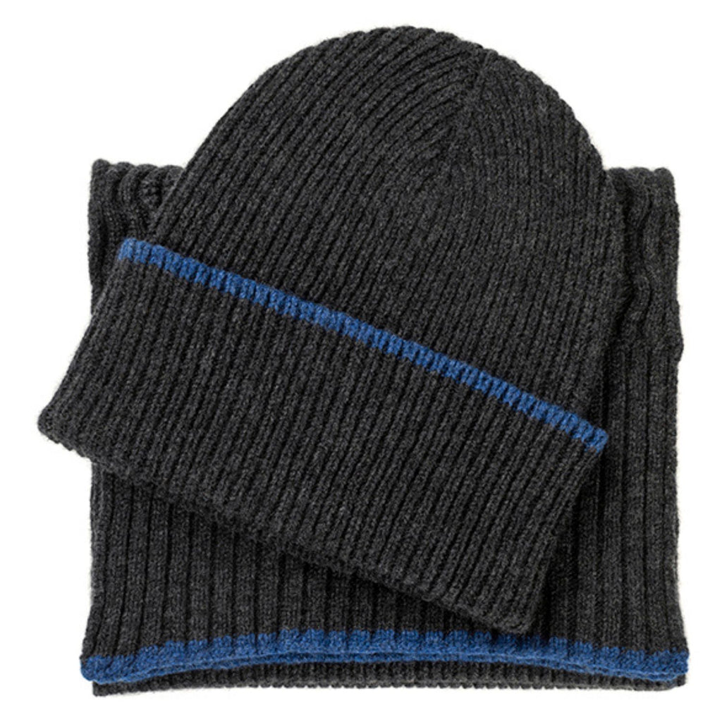 Knitted Charcoal Mid-Weight Ribbed Cashmere Beanie Hat & Scarf Set