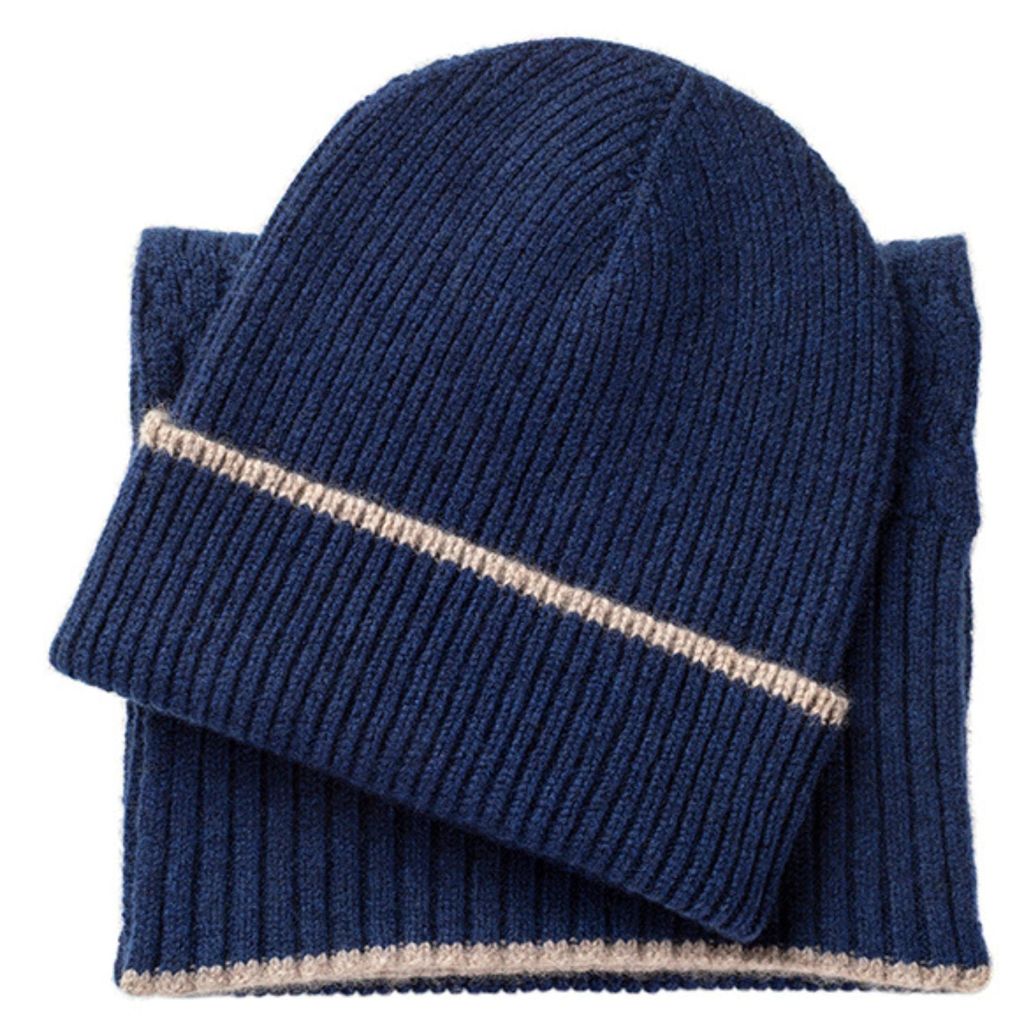 Knitted Midnight Mid-Weight Ribbed Cashmere Beanie Hat & Scarf Set