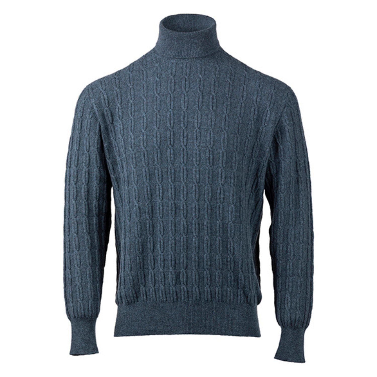Unisex Slate Fine Cable Cashmere Roll Neck Sweater
