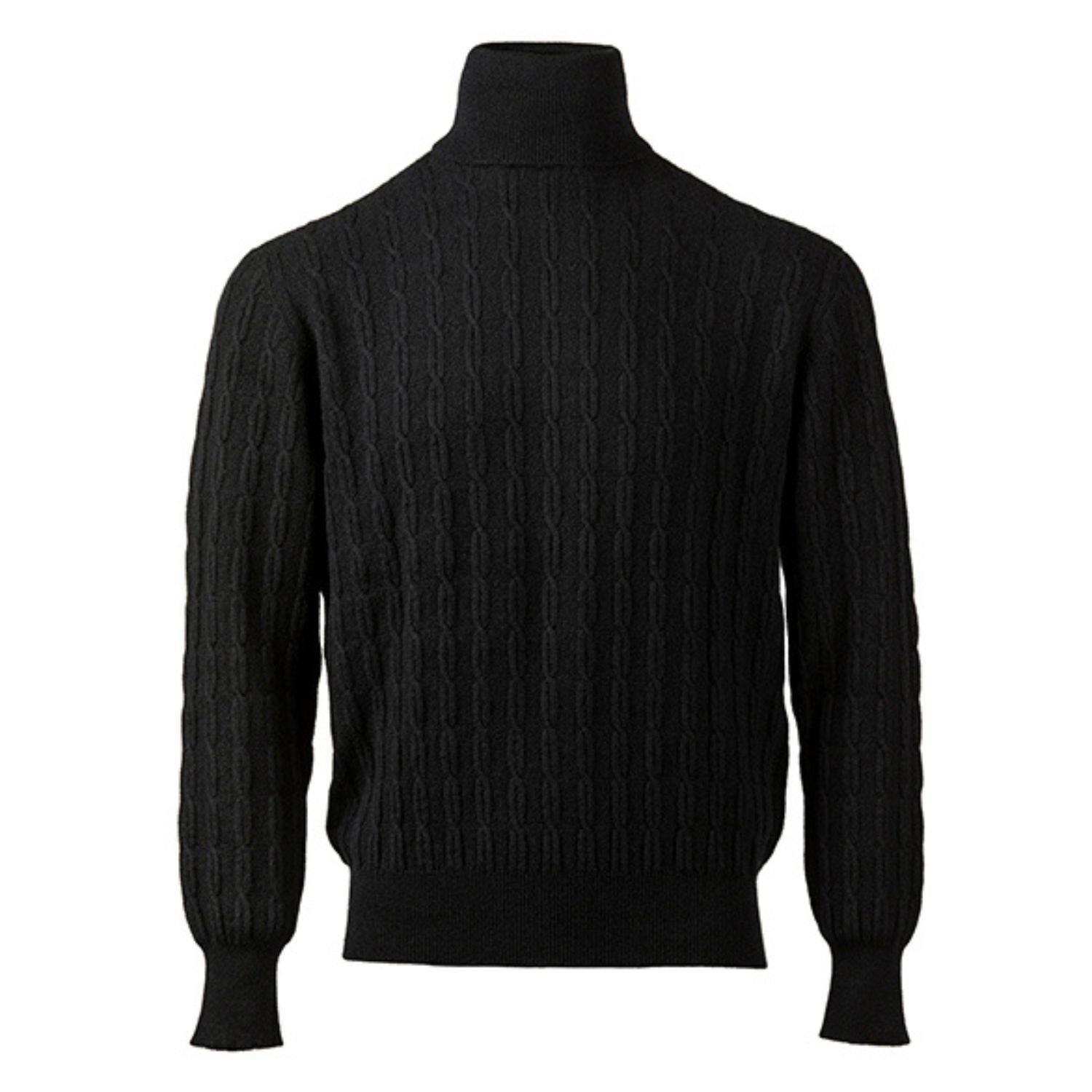 Unisex Black Fine Cable Cashmere Roll Neck Sweater