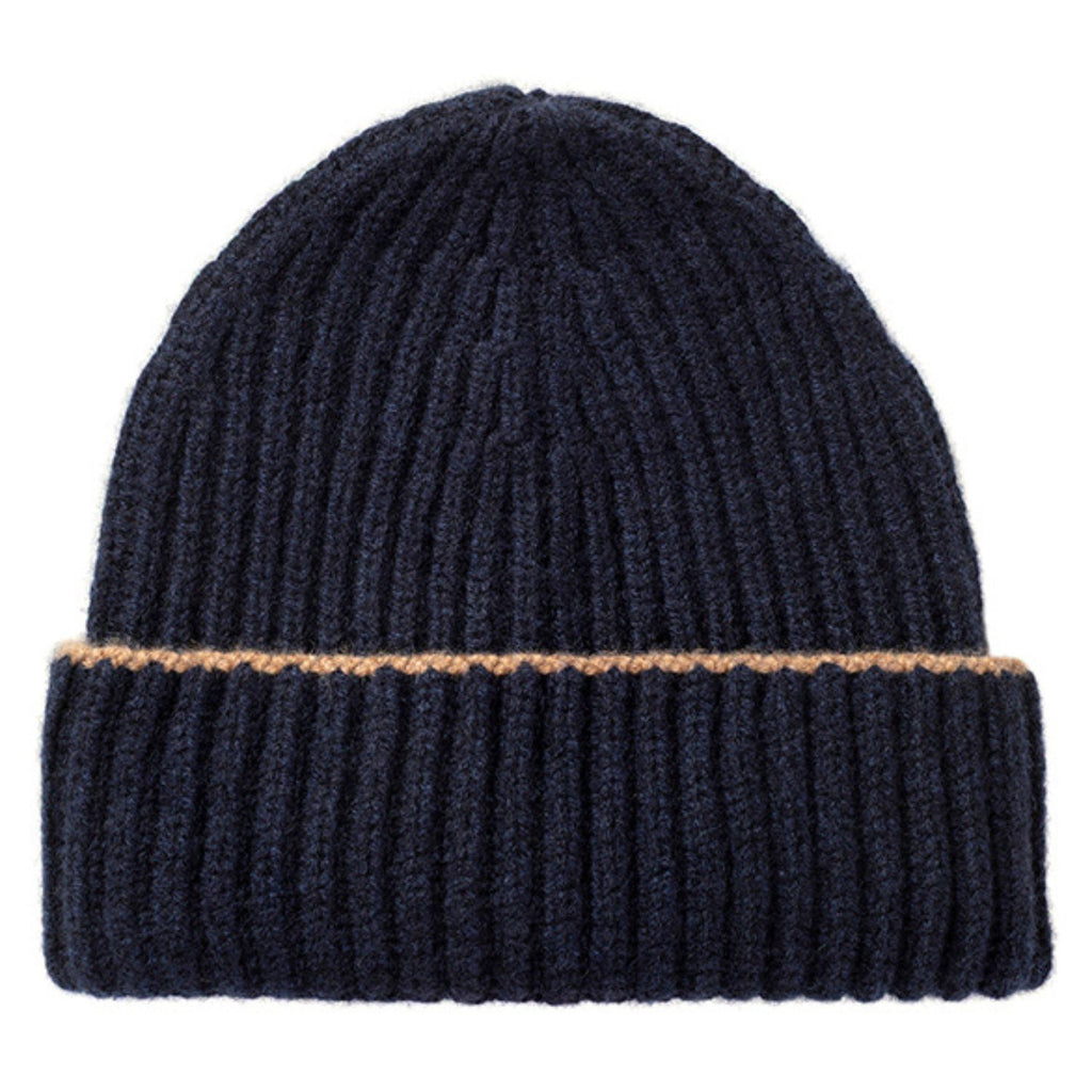 Knitted Navy Chunky Ribbed Cashmere Beanie Hat