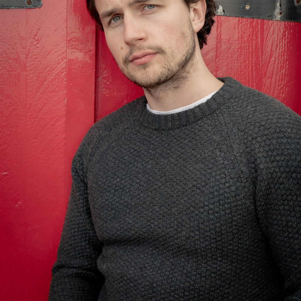 Unisex Charcoal Moss Stitch Cashmere Crew Neck Sweater