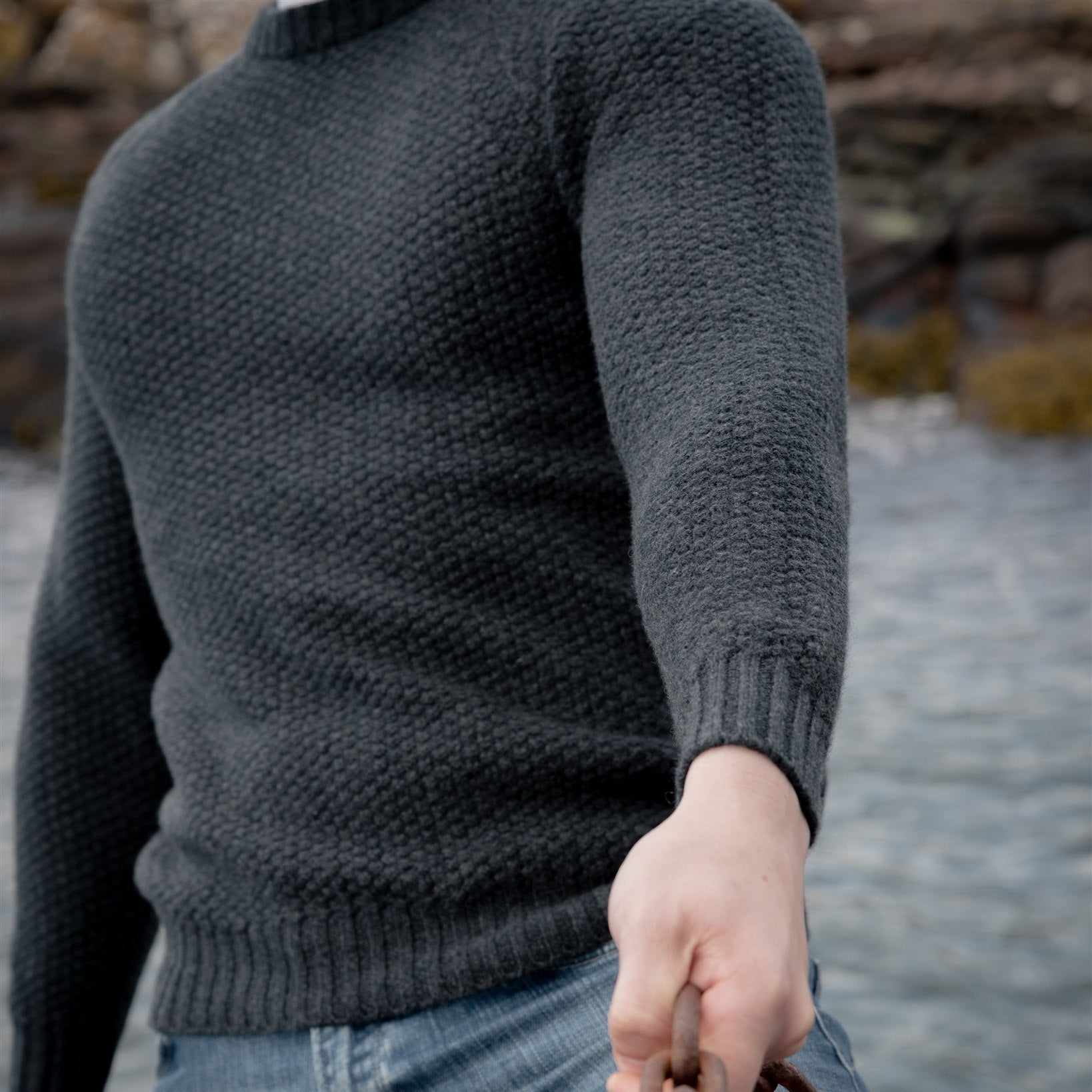 Unisex Charcoal Moss Stitch Cashmere Crew Neck Sweater