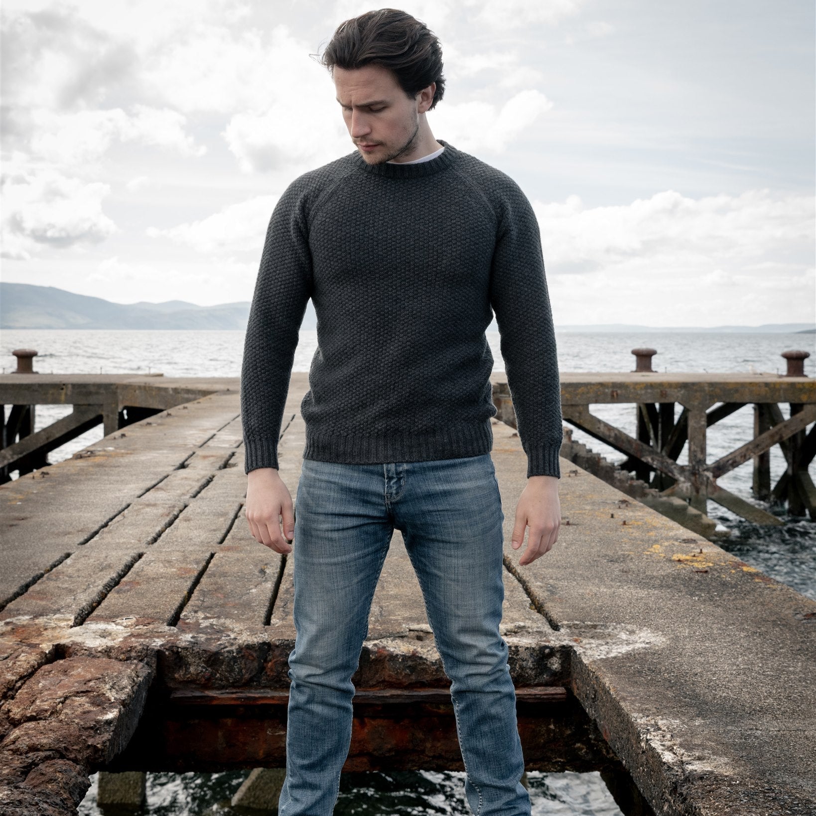 Unisex Charcoal Moss Stitch Cashmere Crew Neck Sweater