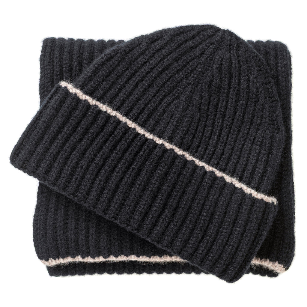 Knitted Black Chunky Ribbed Cashmere Beanie Hat & Scarf Set