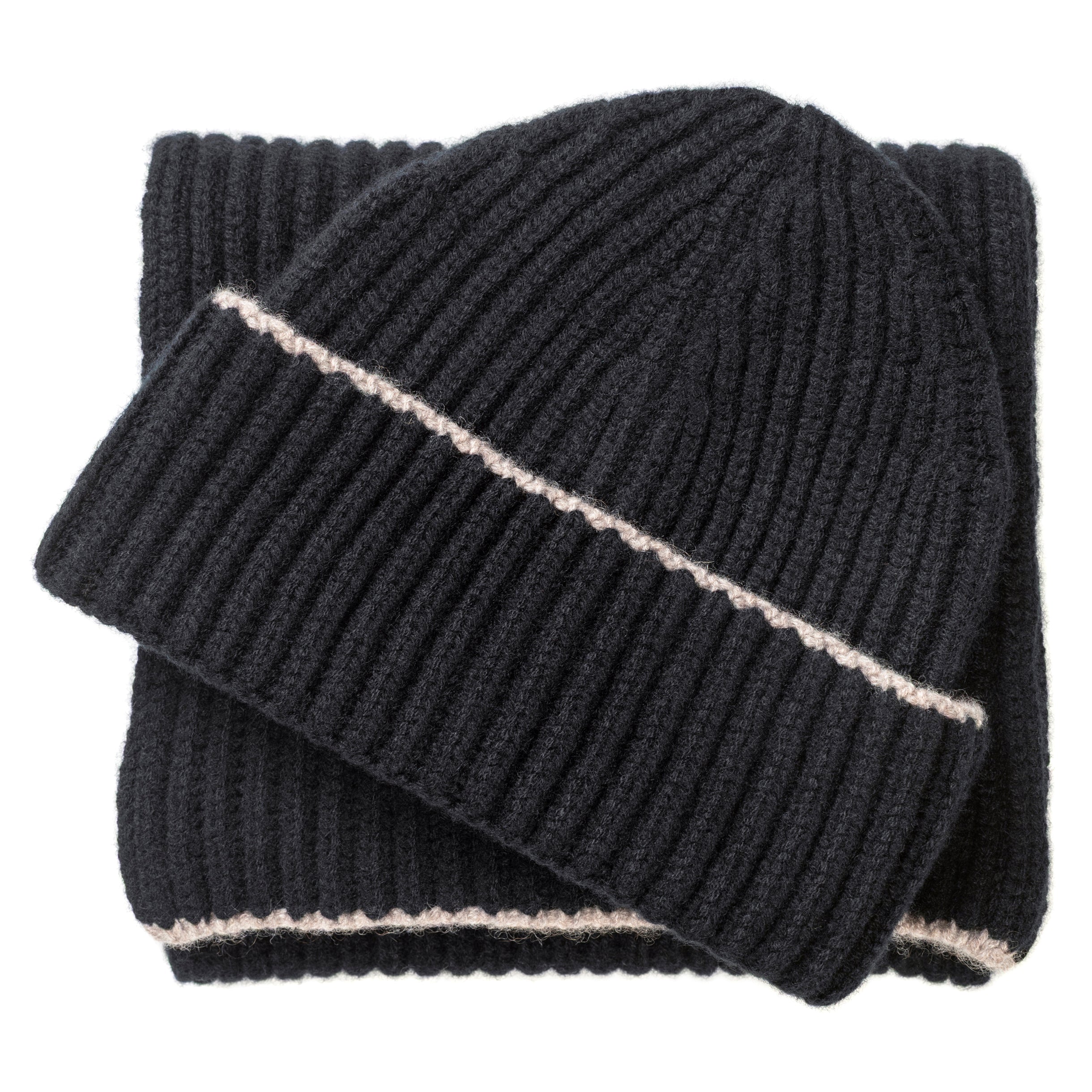 Knitted Black Chunky Ribbed Cashmere Beanie Hat & Scarf Set