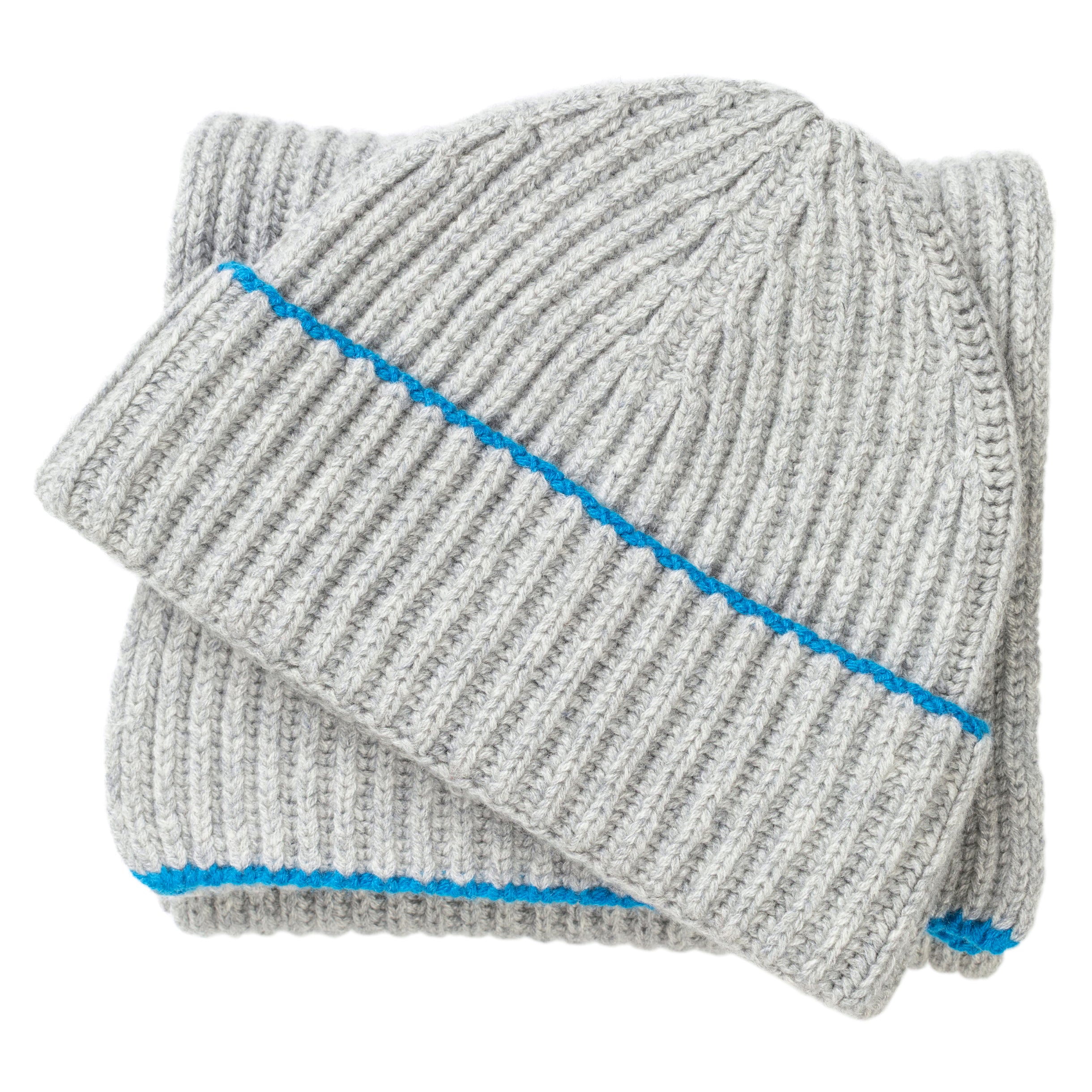 Knitted Light Grey Chunky Ribbed Cashmere Beanie Hat & Scarf Set