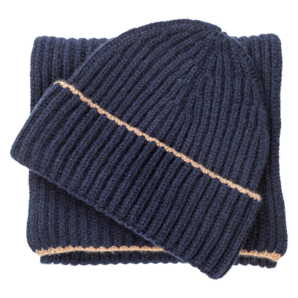 Knitted Navy Chunky Ribbed Cashmere Beanie Hat & Scarf Set