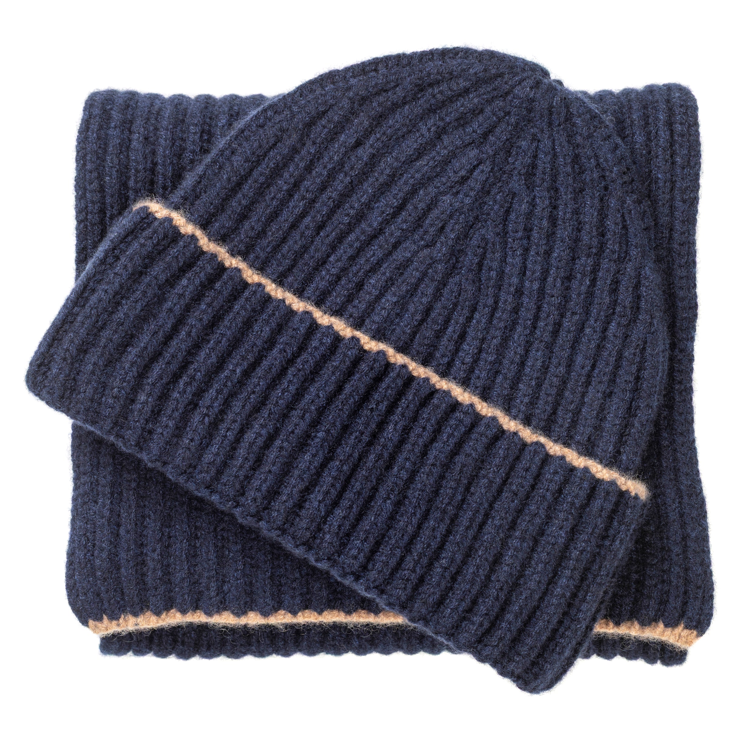 Knitted Navy Chunky Ribbed Cashmere Beanie Hat & Scarf Set