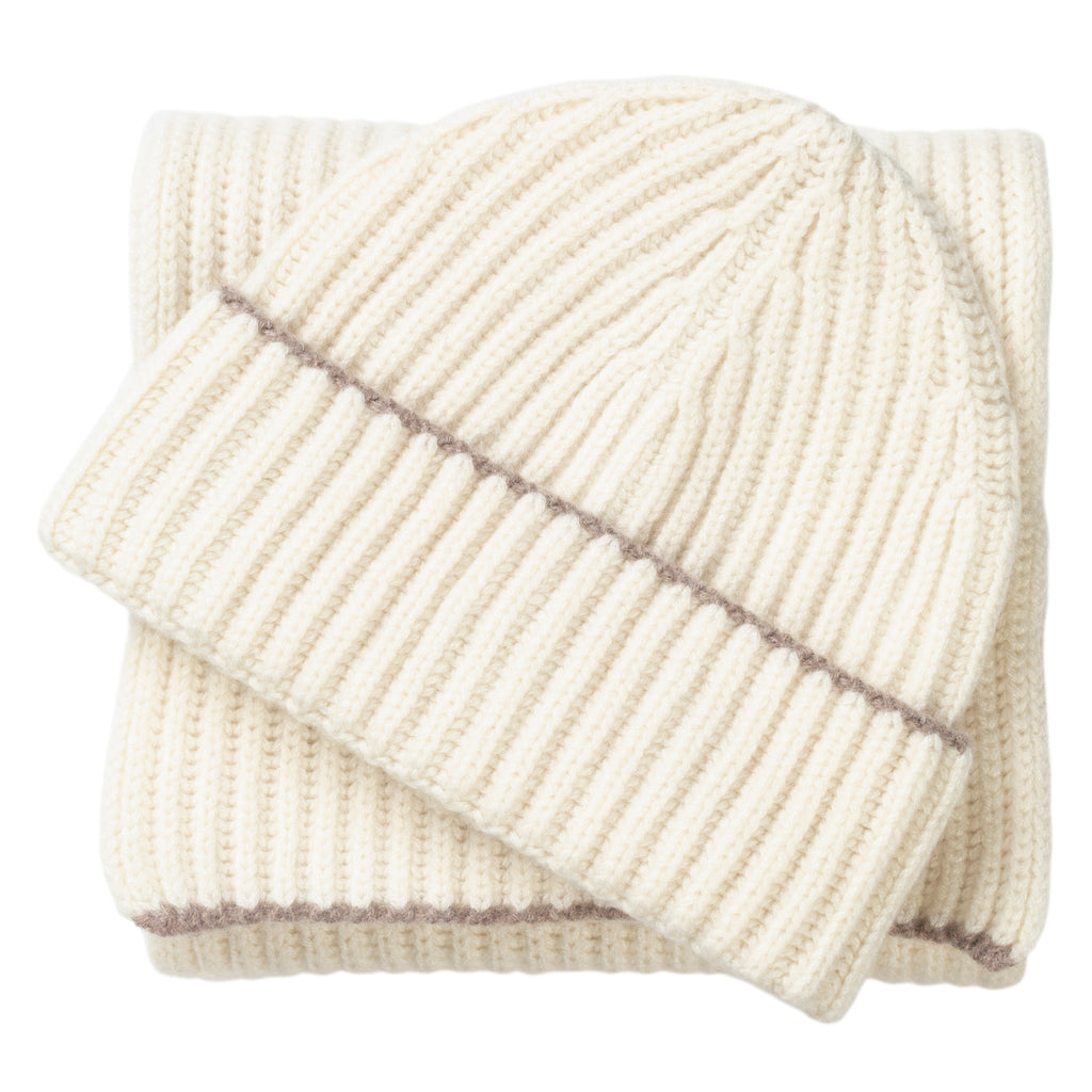 Knitted White Chunky Ribbed Cashmere Beanie Hat & Scarf Set