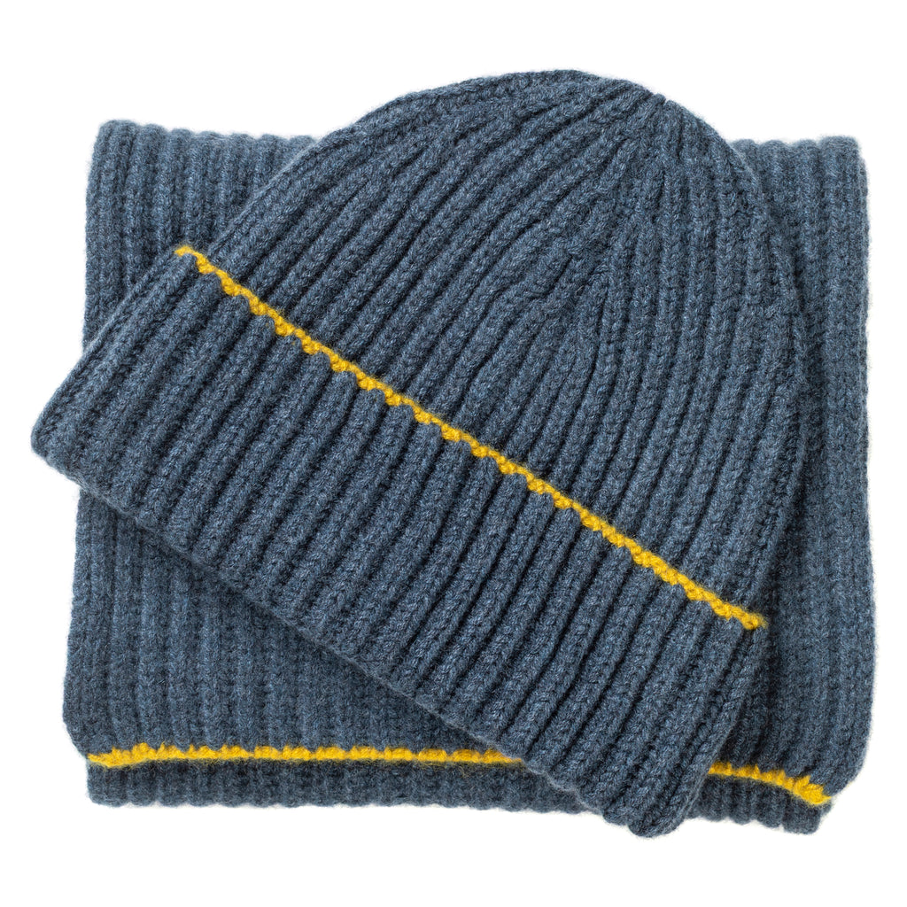 Knitted Slate Chunky Ribbed Cashmere Beanie Hat & Scarf Set