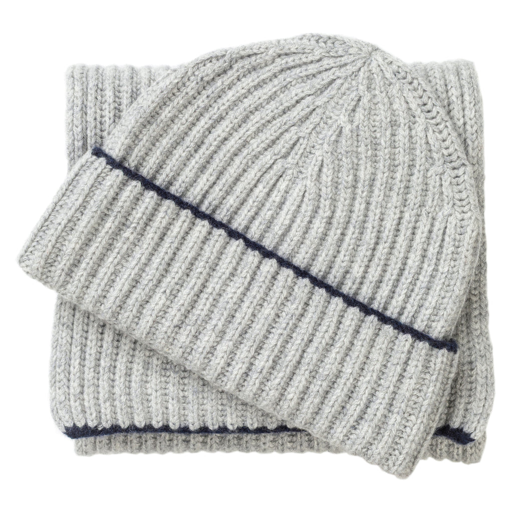 Knitted Grey Chunky Ribbed Cashmere Beanie Hat & Scarf Set