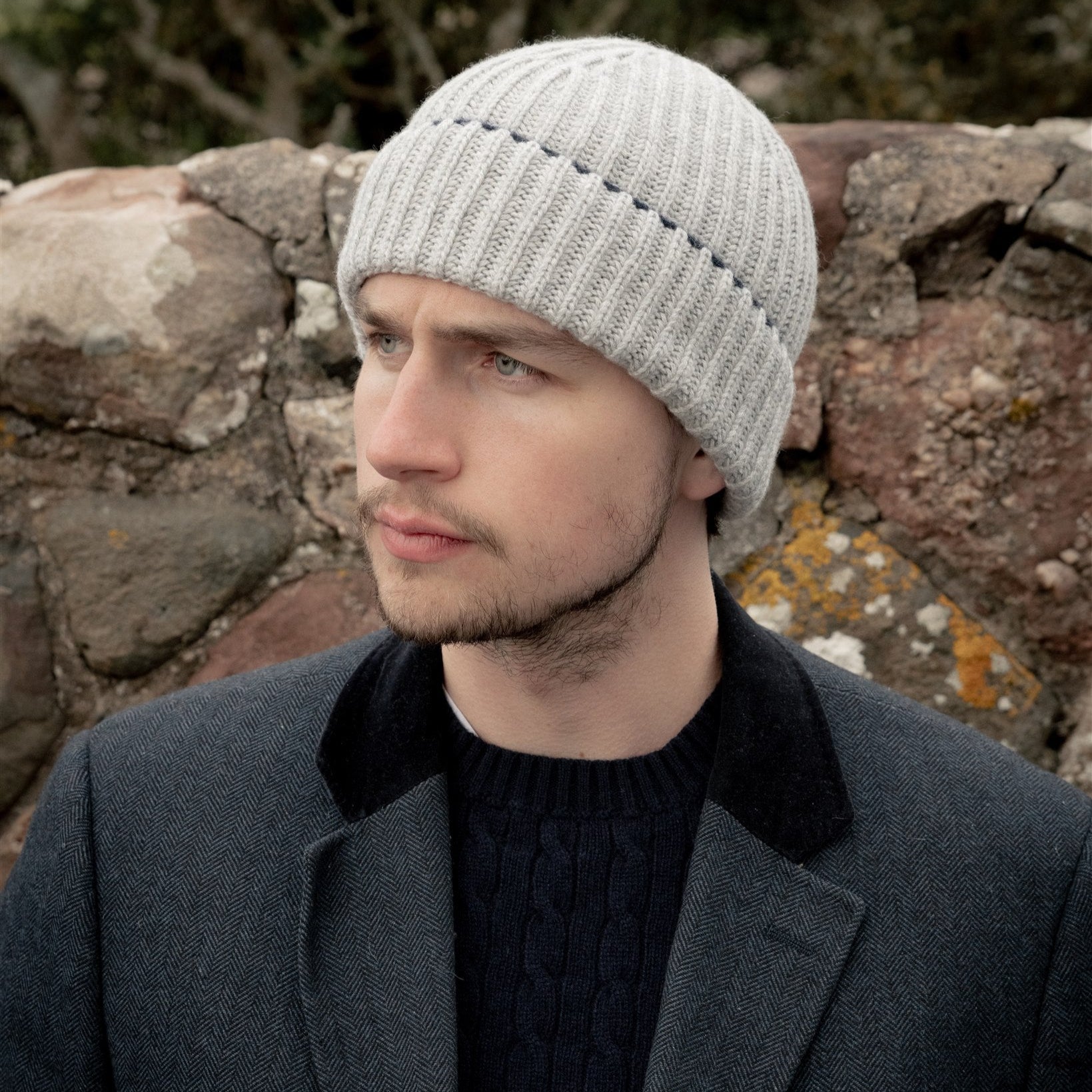 Knitted White Chunky Ribbed Cashmere Beanie Hat & Scarf Set