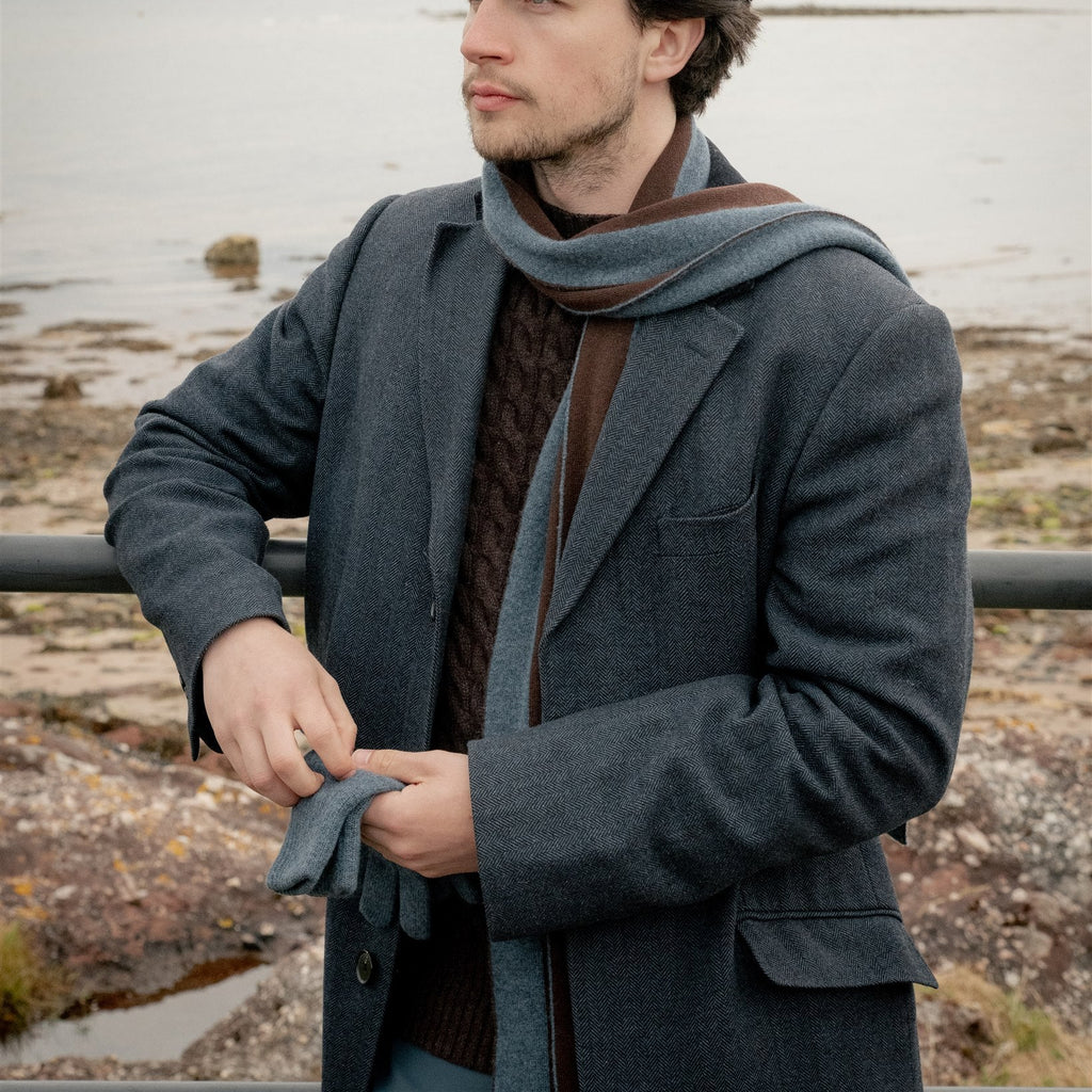 Knitted Slate College Stripe Cashmere Scarf