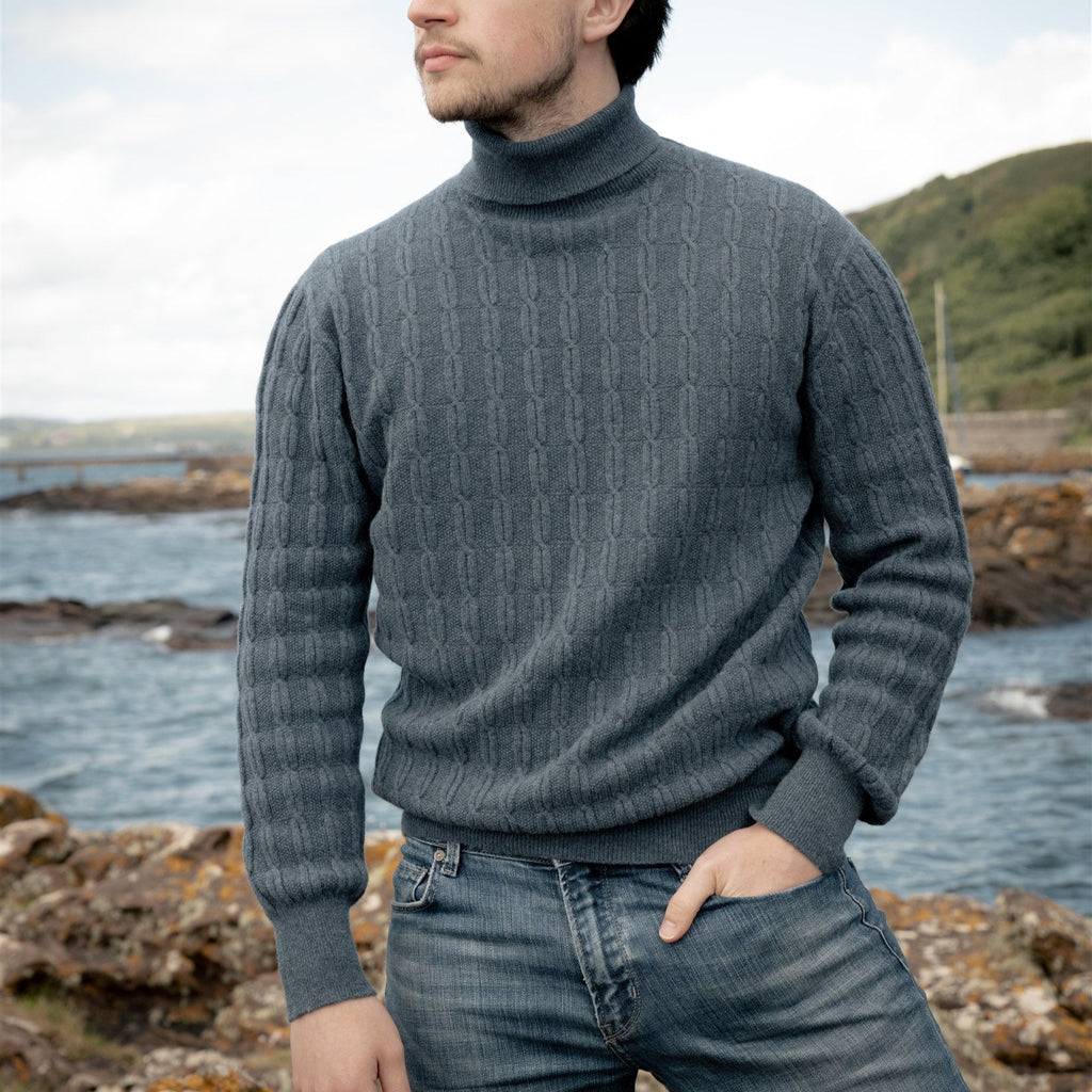 Unisex Black Fine Cable Cashmere Roll Neck Sweater