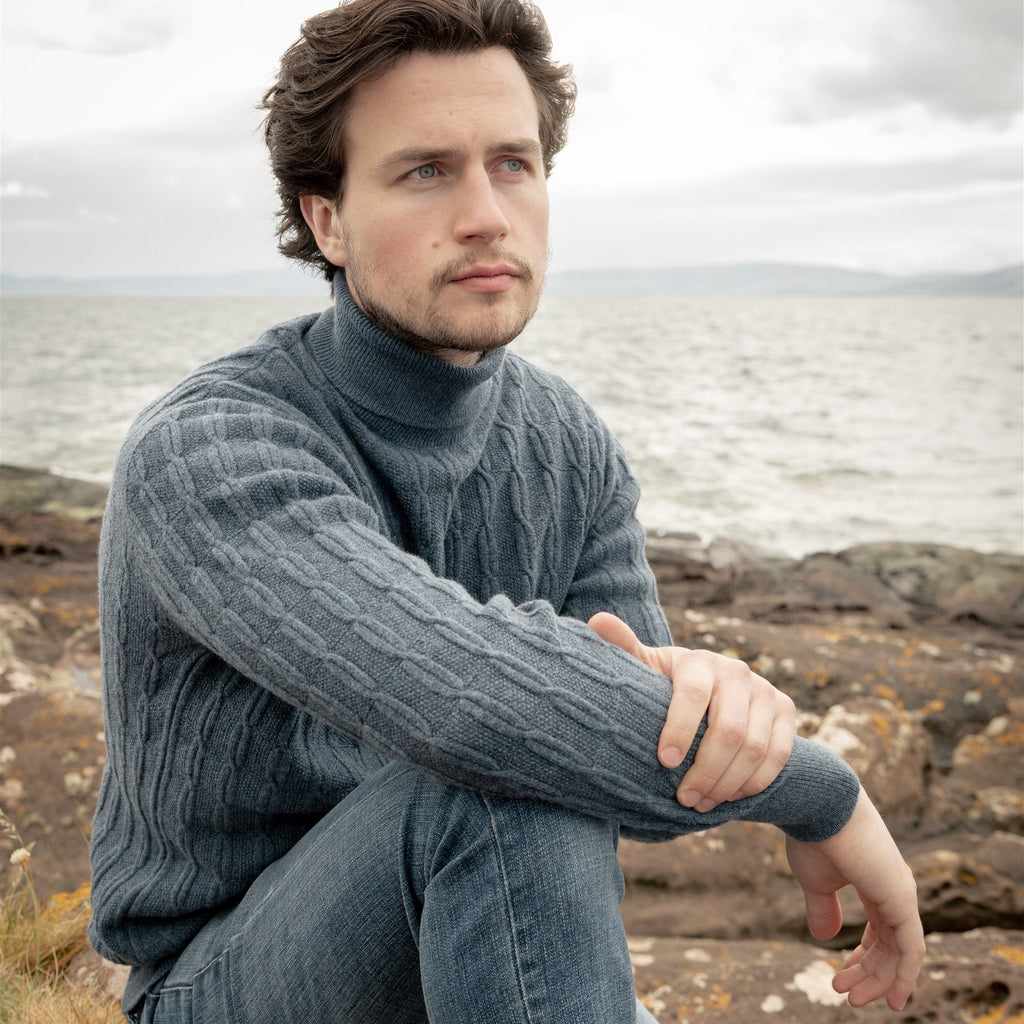 Unisex Black Fine Cable Cashmere Roll Neck Sweater