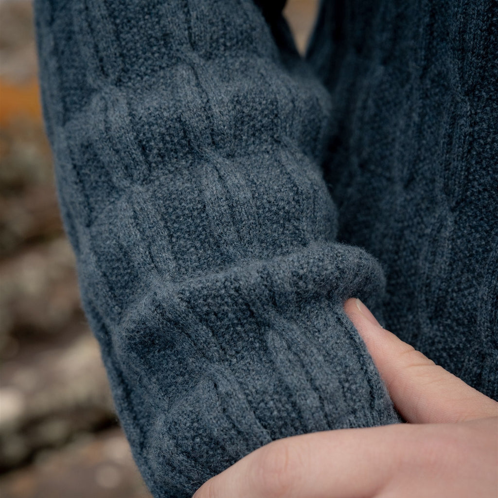 Unisex Black Fine Cable Cashmere Roll Neck Sweater