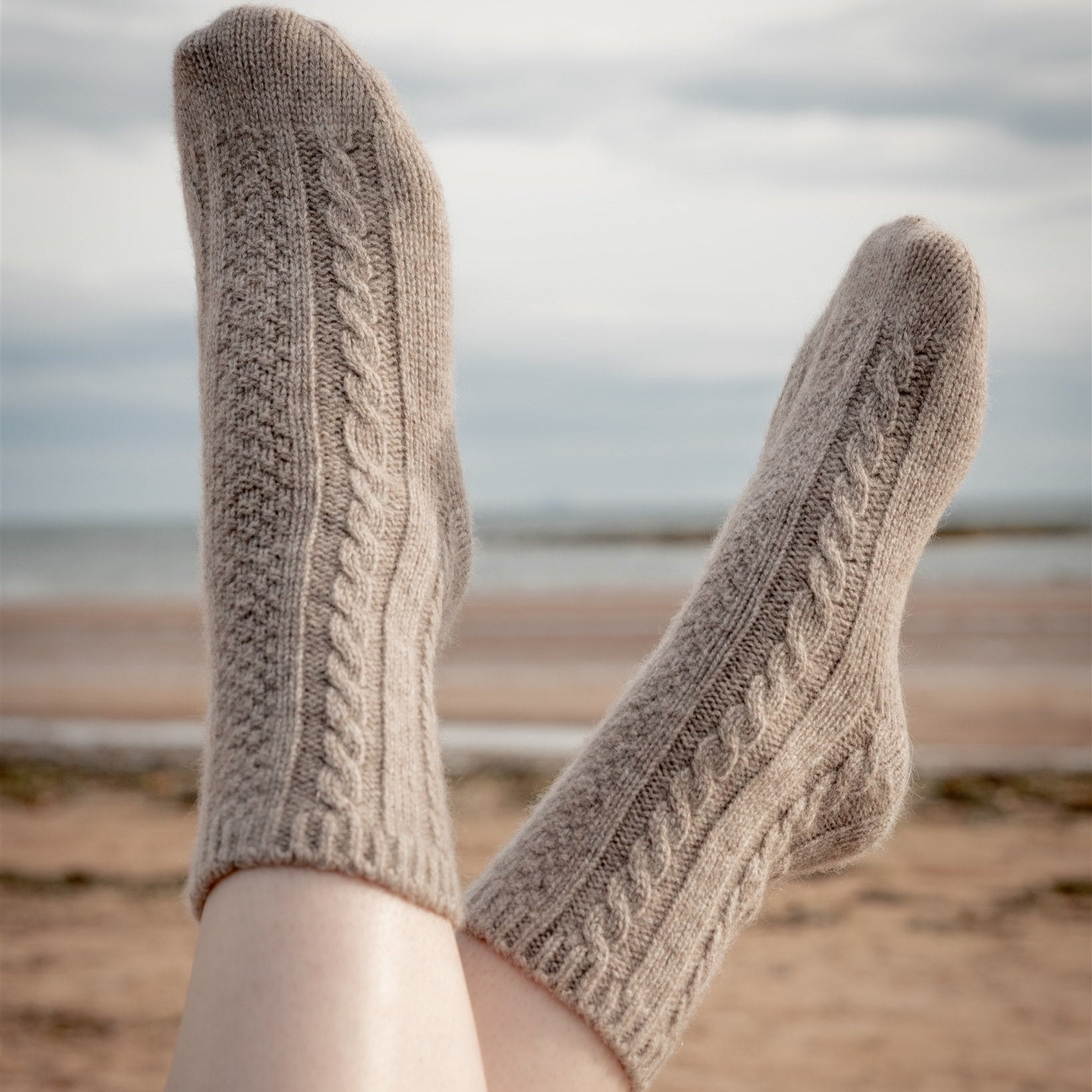 Ladies White Cable Cashmere Bed Socks