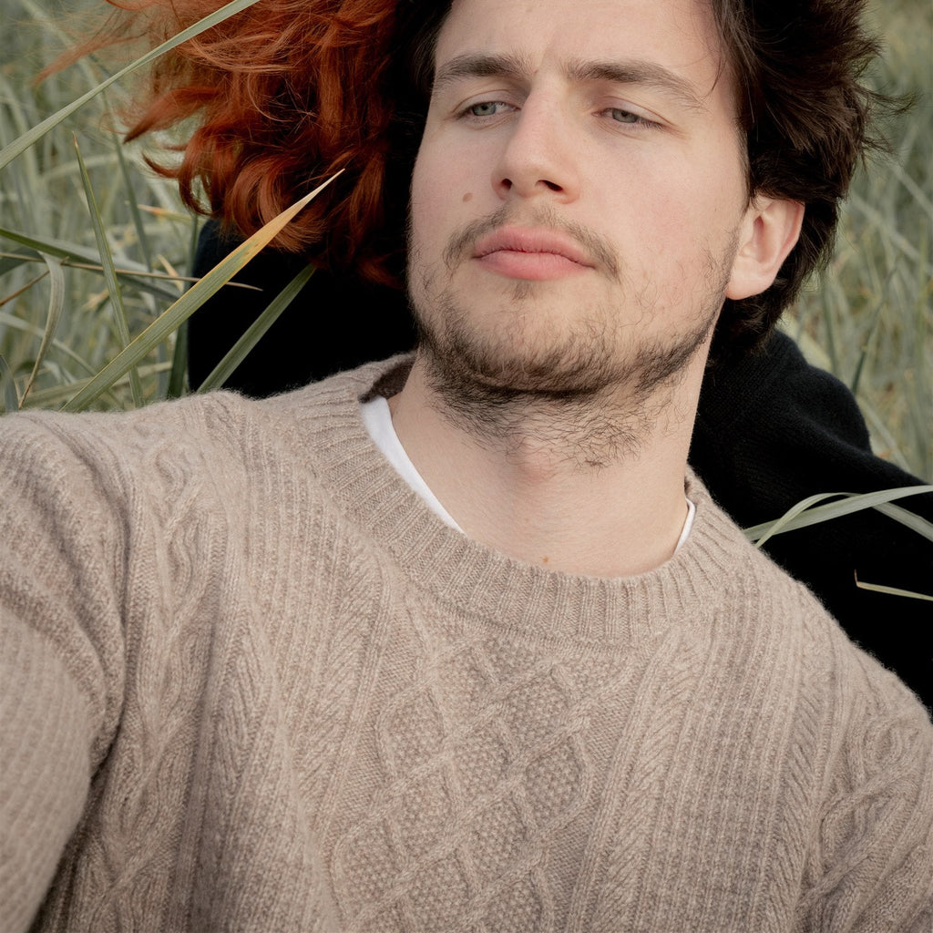 Unisex Taupe Mid-Weight Cable Feature Cashmere Crew Neck Sweater