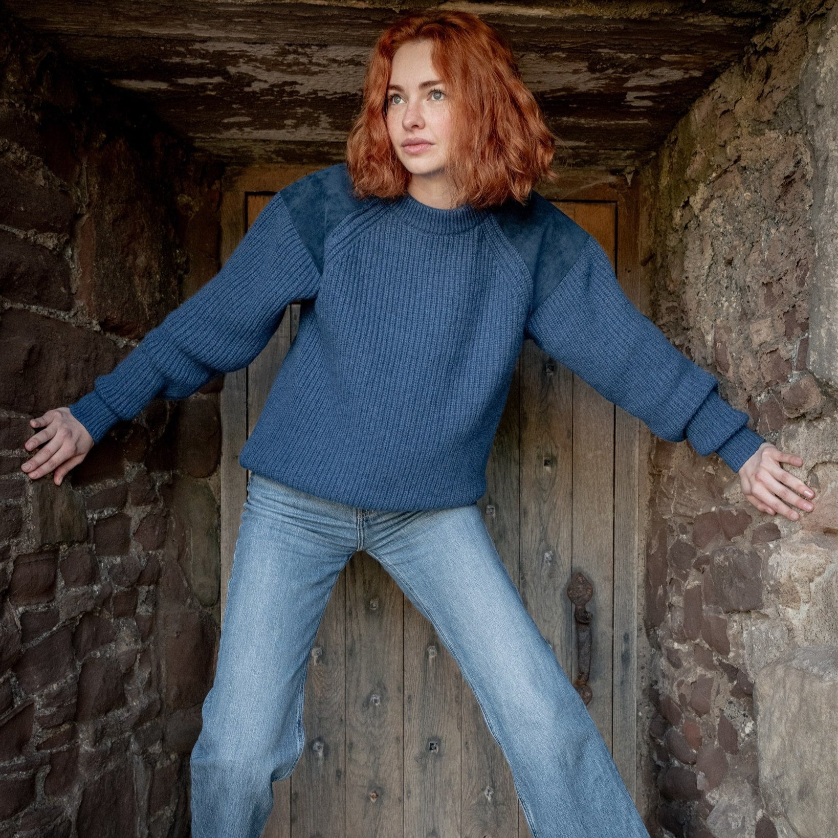 Unisex Yale Blue Fisherman's Rib Cashmere Crew Neck Sweater