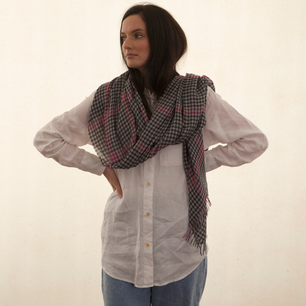 Weekender Grey Gingham Cashmere & Silk Scarf