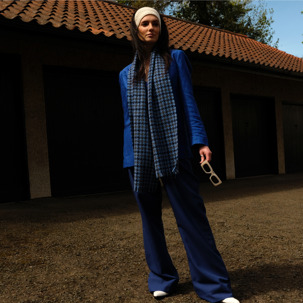 Deluxe Blues Houndstooth Cashmere Scarf